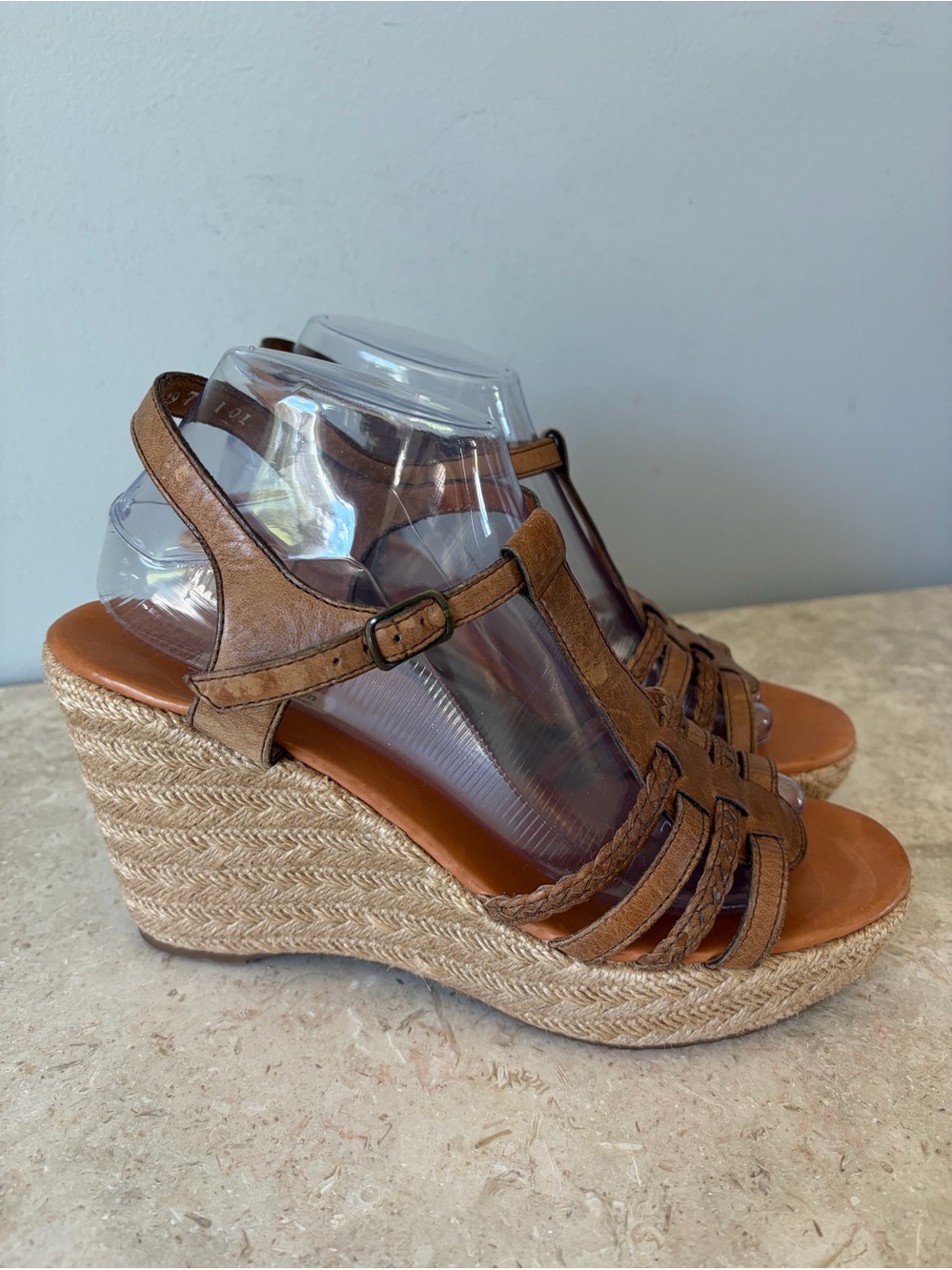 Paul Green Ava Sandals Women’s 9.5 Braided T-strap Cognac Leather Woven 4” Wedge